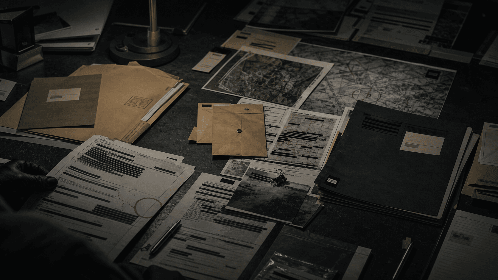 Redacted documents and black-site files scattered across a dim briefing desk