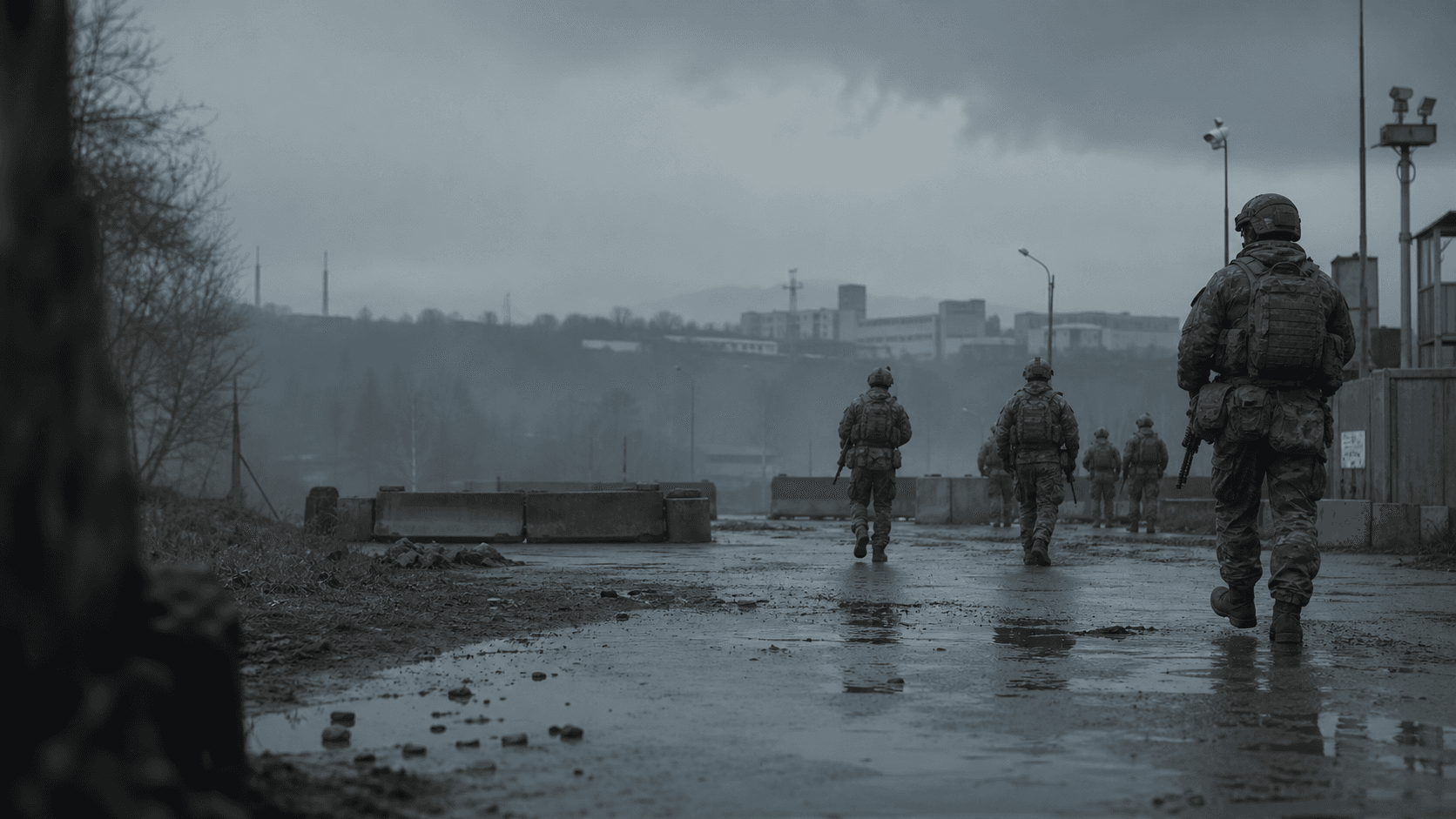 Low-action realistic military patrol moving through a quiet wet checkpoint